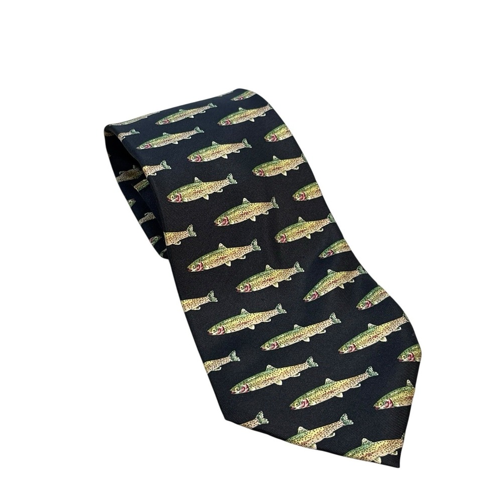 HUNTINGTON Spotted Bass Fishing Black Silk Neck Tie 57" Long x‎ 4" Wide